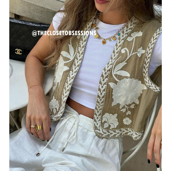 ZARA Embroidered Vest NWT | Khaki Open-Front Waistcoat Boho Chic M/L - Picture 8 of 16